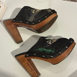 Vintage Ed Hardy Y2K wooden clogs Cest Prive RARE Peep Toe Clogs Butterfly Rose